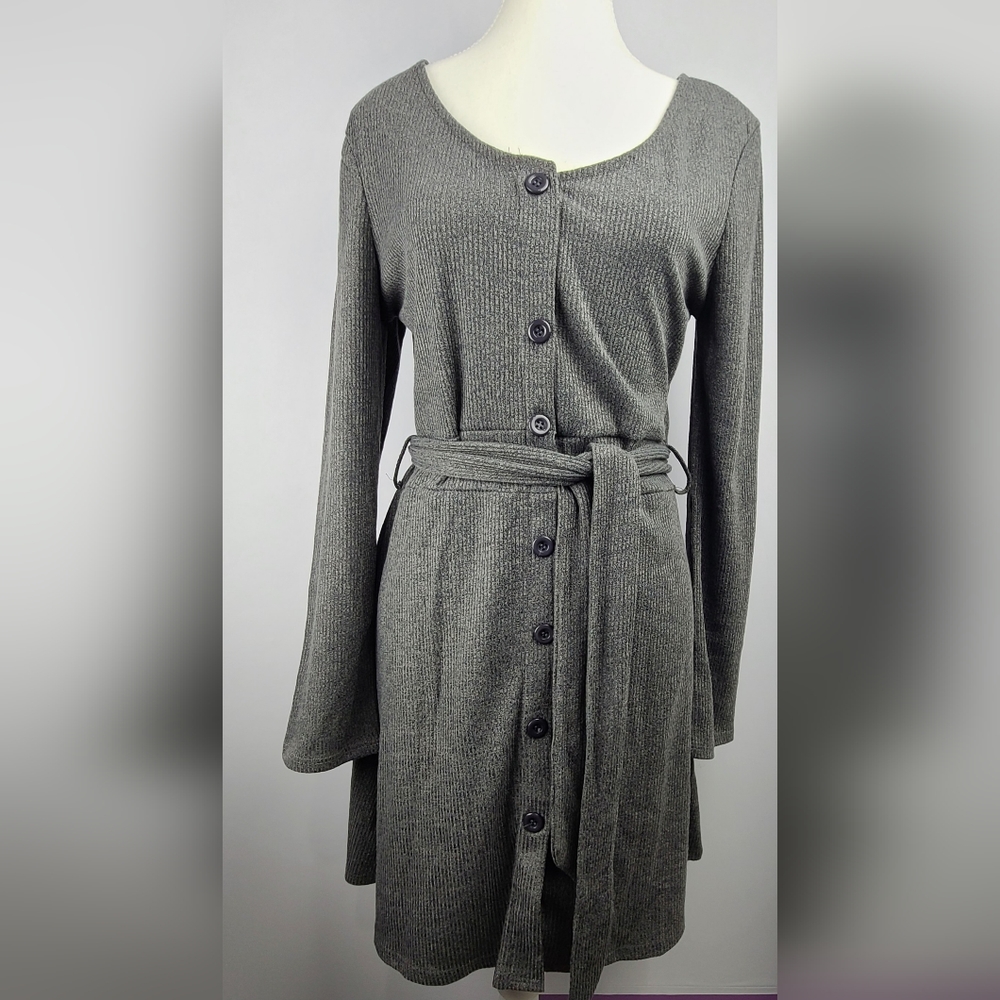 Brave Soul NWT Long Sleeve Gray Ribbed Sweater Dress Belted Medium